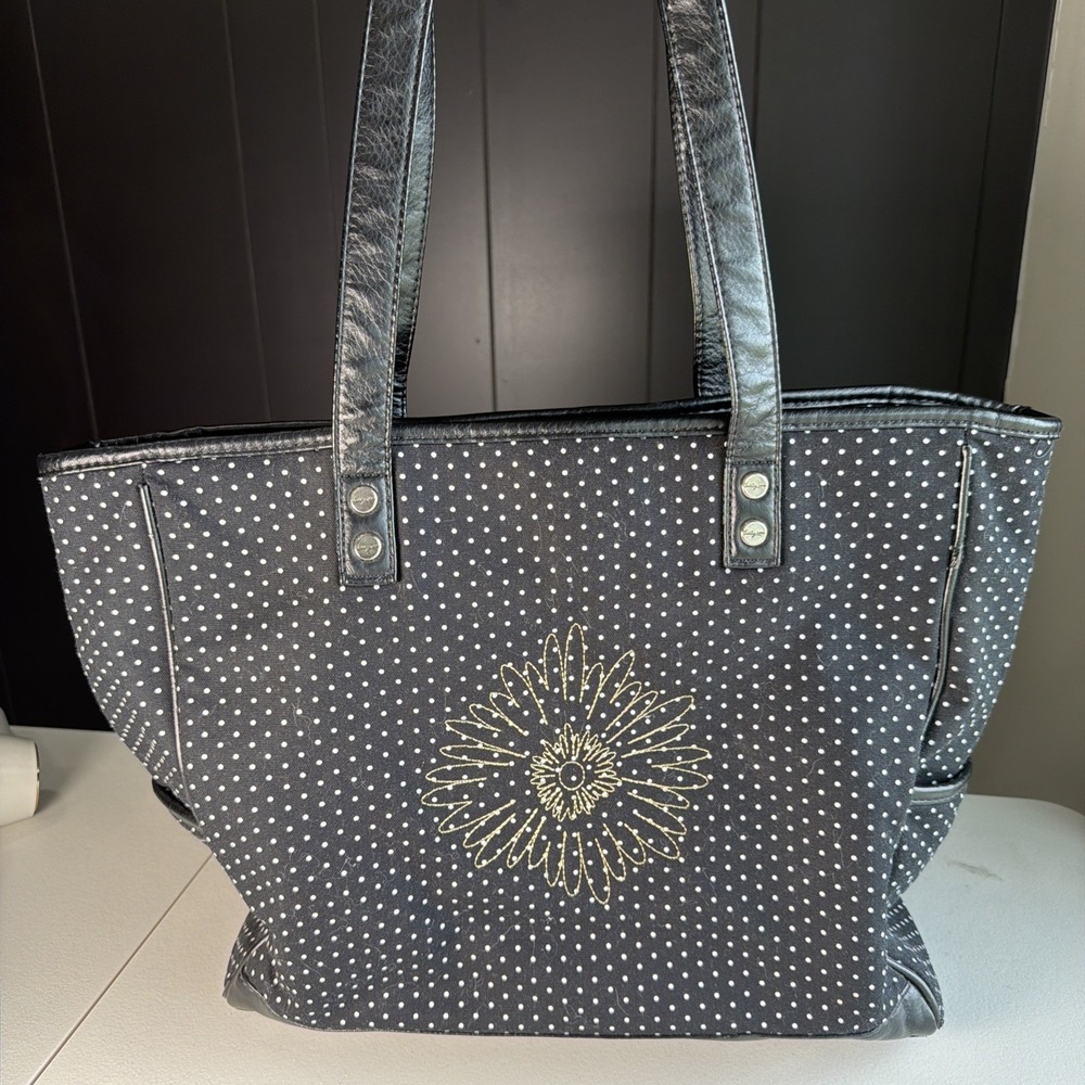 Black And White Poke A Dot With Embroidered Flower Thirty One Tote Bag
